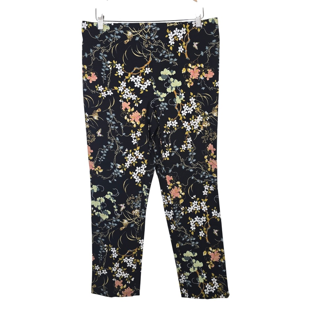 Jules & Leopold Women Black Floral Bird Print Pull On Slim Pants L NWOT